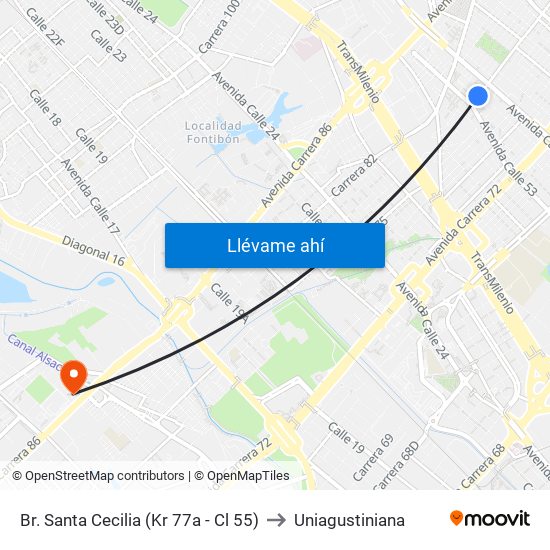 Br. Santa Cecilia (Kr 77a - Cl 55) to Uniagustiniana map