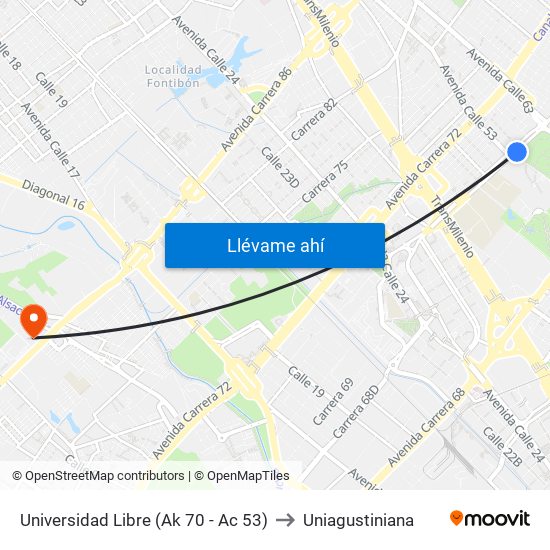 Universidad Libre (Ak 70 - Ac 53) to Uniagustiniana map