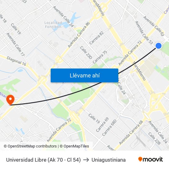 Universidad Libre (Ak 70 - Cl 54) to Uniagustiniana map