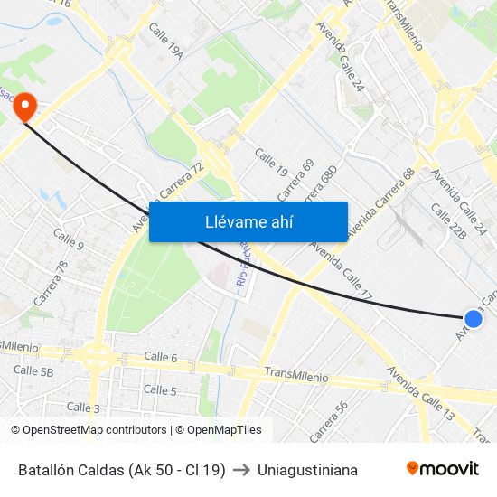 Batallón Caldas (Ak 50 - Cl 19) to Uniagustiniana map