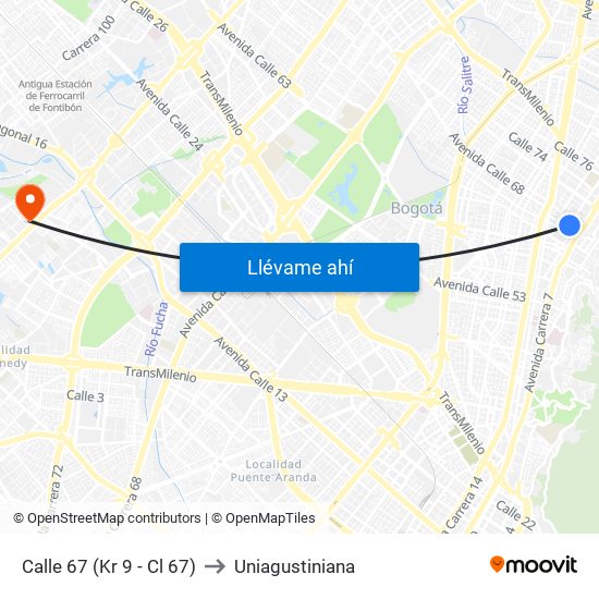 Calle 67 (Kr 9 - Cl 67) to Uniagustiniana map