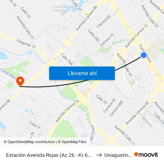 Estación Avenida Rojas (Ac 26 - Kr 69d Bis) (A) to Uniagustiniana map