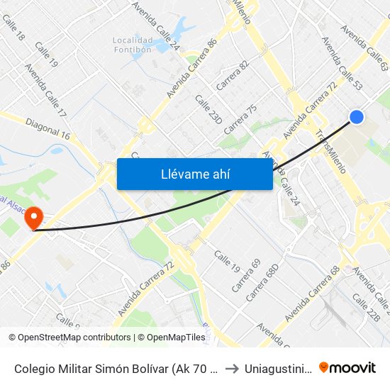 Colegio Militar Simón Bolívar (Ak 70 - Cl 51) to Uniagustiniana map