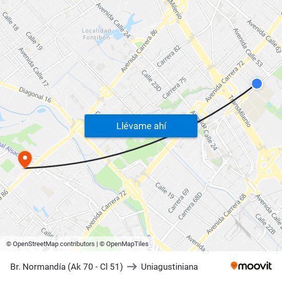 Br. Normandía (Ak 70 - Cl 51) to Uniagustiniana map