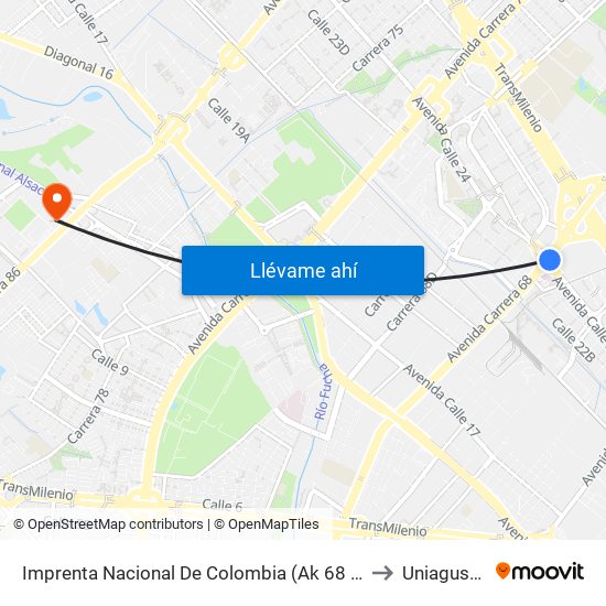 Imprenta Nacional De Colombia (Ak 68 - Av. Esperanza) (A) to Uniagustiniana map