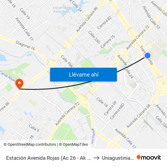 Estación Avenida Rojas (Ac 26 - Ak 70) to Uniagustiniana map