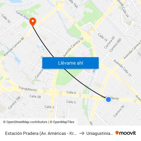 Estación Pradera (Av. Américas - Kr 65) to Uniagustiniana map