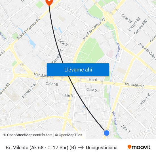 Br. Milenta (Ak 68 - Cl 17 Sur) (B) to Uniagustiniana map