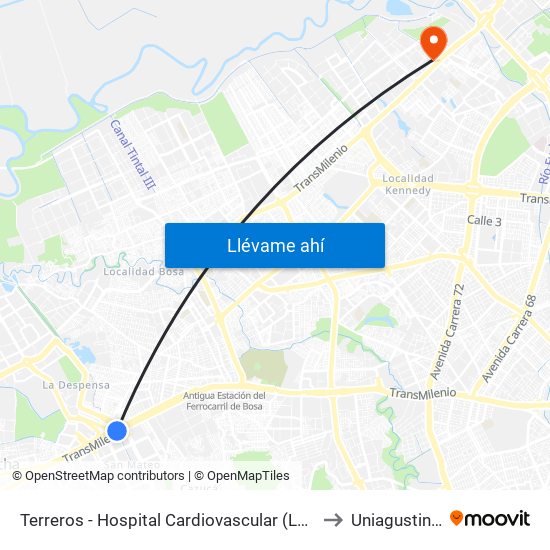 Terreros - Hospital Cardiovascular (Lado Norte) to Uniagustiniana map