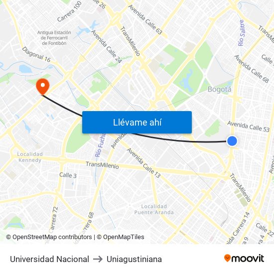 Universidad Nacional to Uniagustiniana map