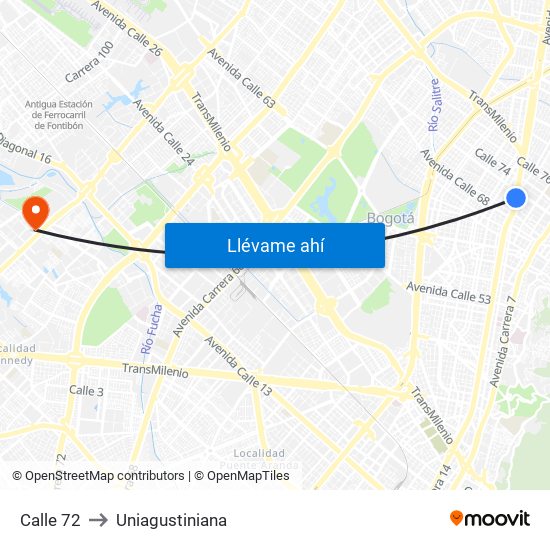 Calle 72 to Uniagustiniana map