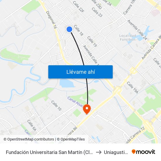 Fundación Universitaria San Martín (Cl 17 - Kr 107) to Uniagustiniana map