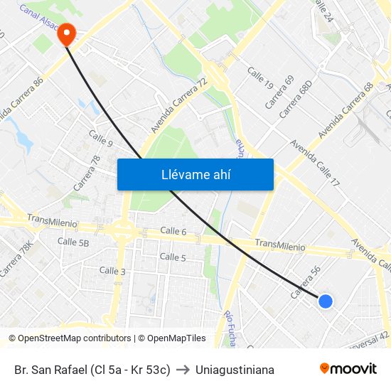 Br. San Rafael (Cl 5a - Kr 53c) to Uniagustiniana map