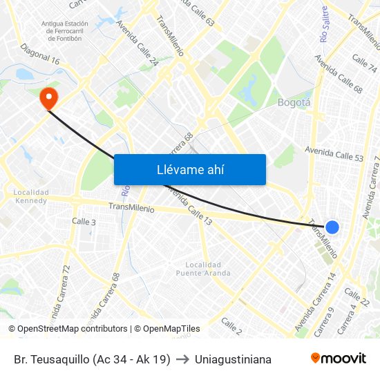 Br. Teusaquillo (Ac 34 - Ak 19) to Uniagustiniana map