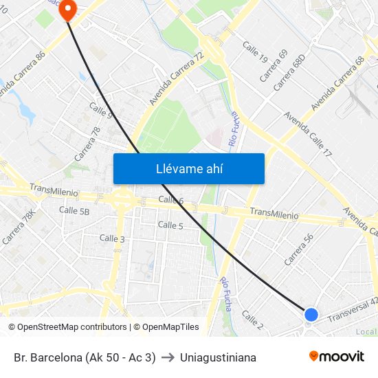 Br. Barcelona (Ak 50 - Ac 3) to Uniagustiniana map