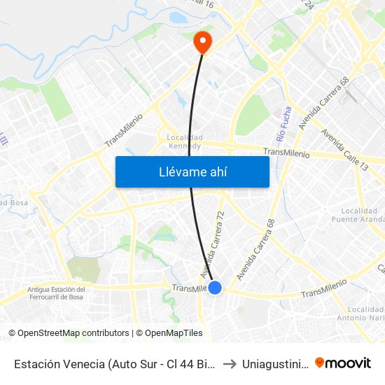 Estación Venecia (Auto Sur - Cl 44 Bis A Sur) to Uniagustiniana map