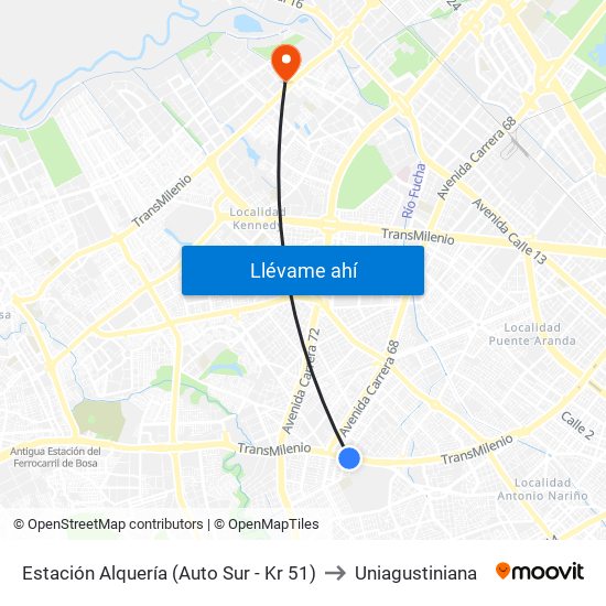 Estación Alquería (Auto Sur - Kr 51) to Uniagustiniana map