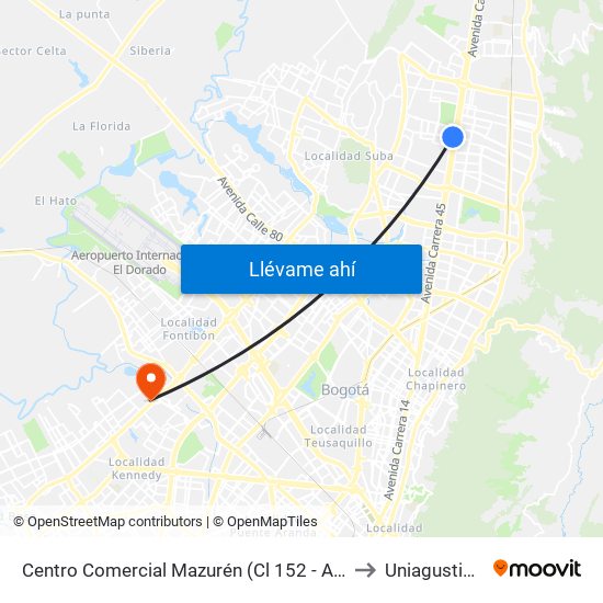 Centro Comercial Mazurén (Cl 152 - Auto Norte) to Uniagustiniana map