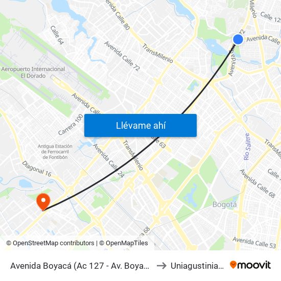 Avenida Boyacá (Ac 127 - Av. Boyacá) to Uniagustiniana map