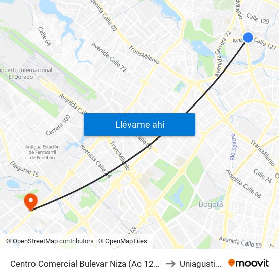 Centro Comercial Bulevar Niza (Ac 127 - Av. Suba) to Uniagustiniana map