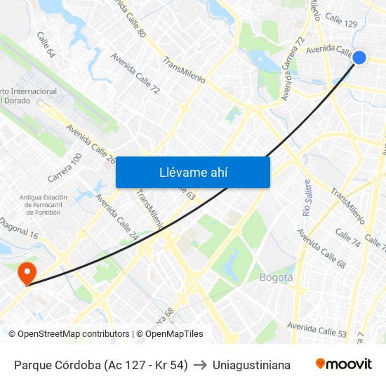 Parque Córdoba (Ac 127 - Kr 54) to Uniagustiniana map