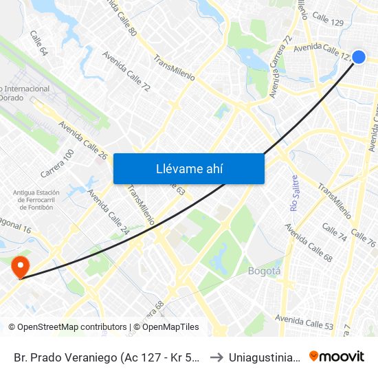 Br. Prado Veraniego (Ac 127 - Kr 51a) to Uniagustiniana map