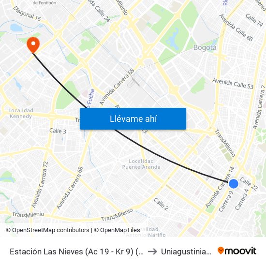 Estación Las Nieves (Ac 19 - Kr 9) (B) to Uniagustiniana map