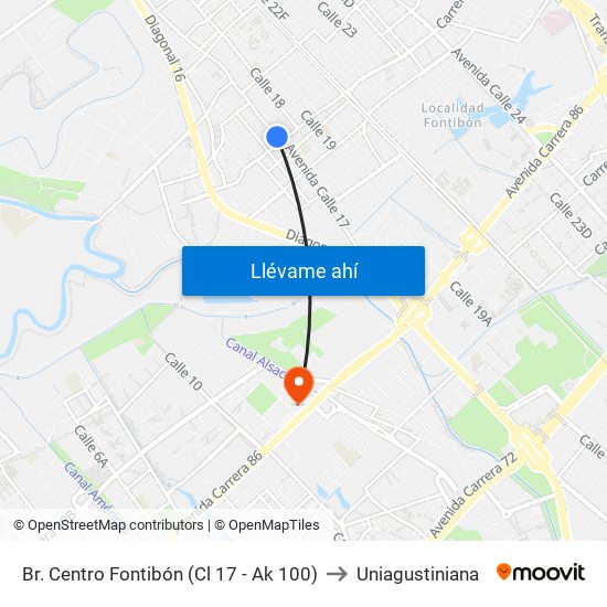 Br. Centro Fontibón (Cl 17 - Ak 100) to Uniagustiniana map