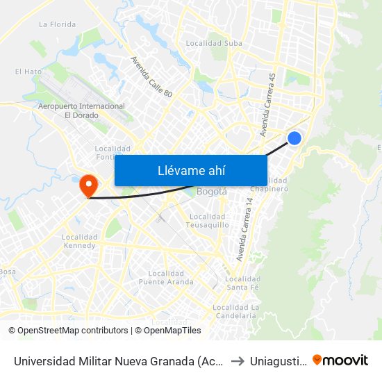 Universidad Militar Nueva Granada (Ac 100 - Kr 10) (A) to Uniagustiniana map