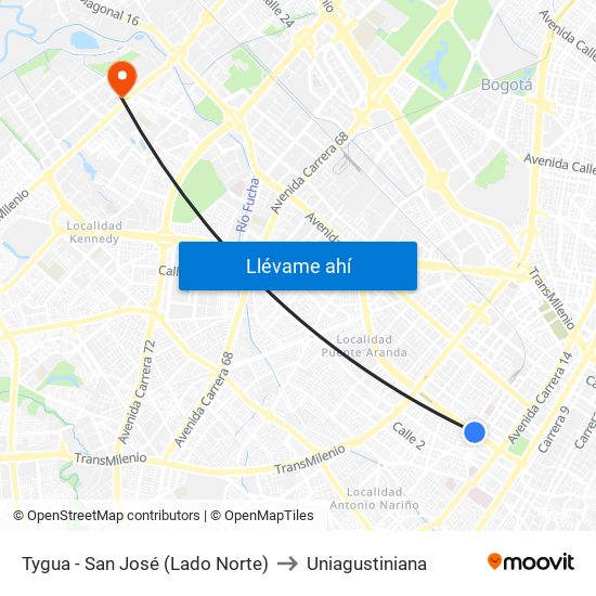 Tygua - San José (Lado Norte) to Uniagustiniana map