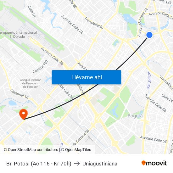 Br. Potosí (Ac 116 - Kr 70h) to Uniagustiniana map