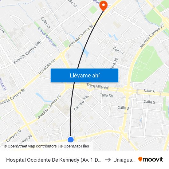 Hospital Occidente De Kennedy (Av. 1 De Mayo - Cl 40b Sur) (B) to Uniagustiniana map