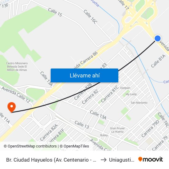 Br. Ciudad Hayuelos (Av. Centenario - Av. C. De Cali) to Uniagustiniana map