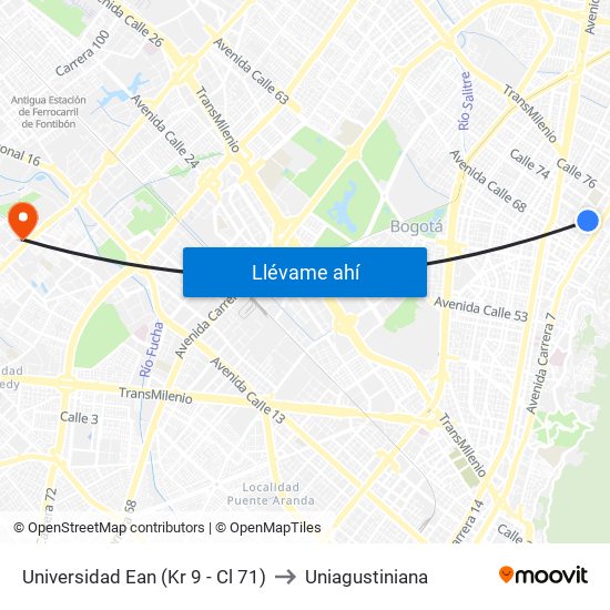 Universidad Ean (Kr 9 - Cl 71) to Uniagustiniana map