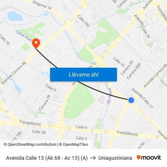 Avenida Calle 13 (Ak 68 - Ac 13) (A) to Uniagustiniana map