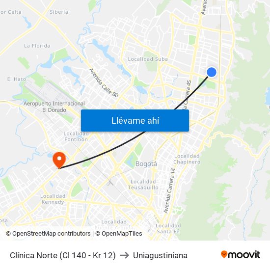 Clínica Norte (Cl 140 - Kr 12) to Uniagustiniana map