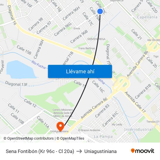 Sena Fontibón (Kr 96c - Cl 20a) to Uniagustiniana map