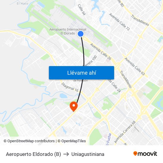 Aeropuerto Eldorado (B) to Uniagustiniana map