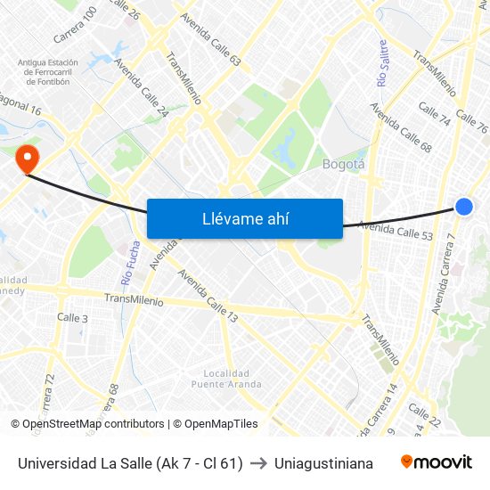Universidad La Salle (Ak 7 - Cl 61) to Uniagustiniana map