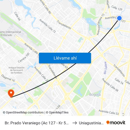 Br. Prado Veraniego (Ac 127 - Kr 56b) to Uniagustiniana map