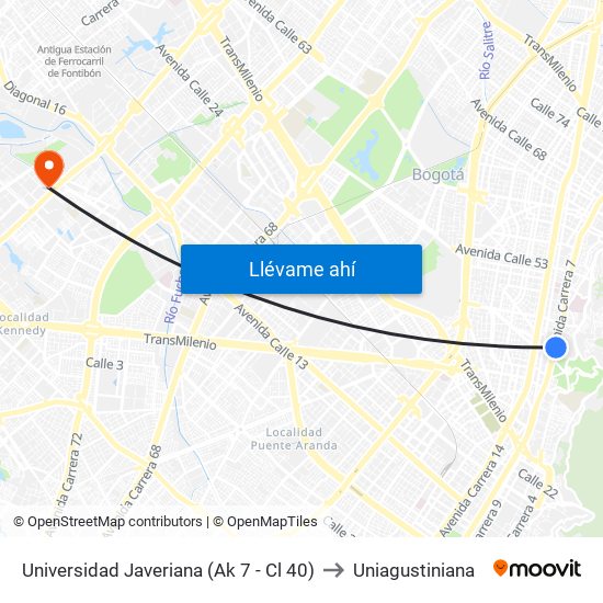 Universidad Javeriana (Ak 7 - Cl 40) to Uniagustiniana map