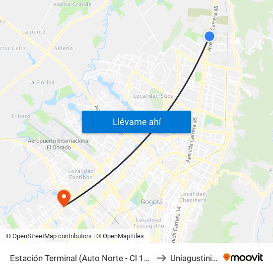 Estación Terminal (Auto Norte - Cl 191) (A) to Uniagustiniana map