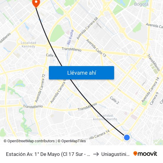 Estación Av. 1° De Mayo (Cl 17 Sur - Kr 9a) to Uniagustiniana map