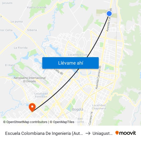 Escuela Colombiana De Ingeniería (Auto Norte - Cl 205) to Uniagustiniana map