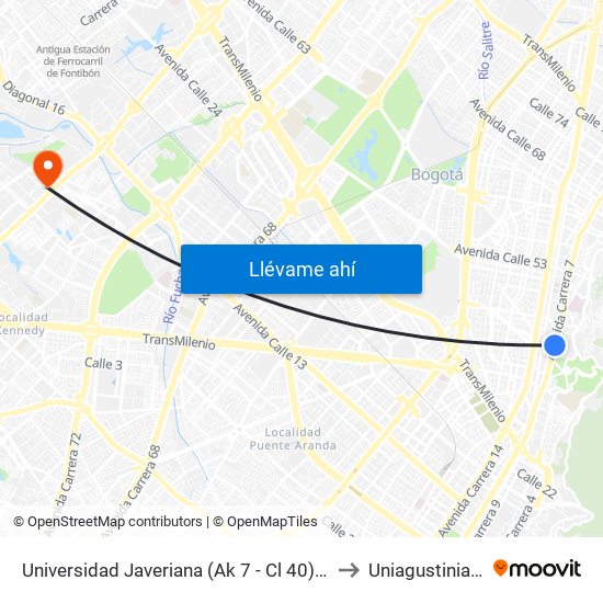 Universidad Javeriana (Ak 7 - Cl 40) (B) to Uniagustiniana map
