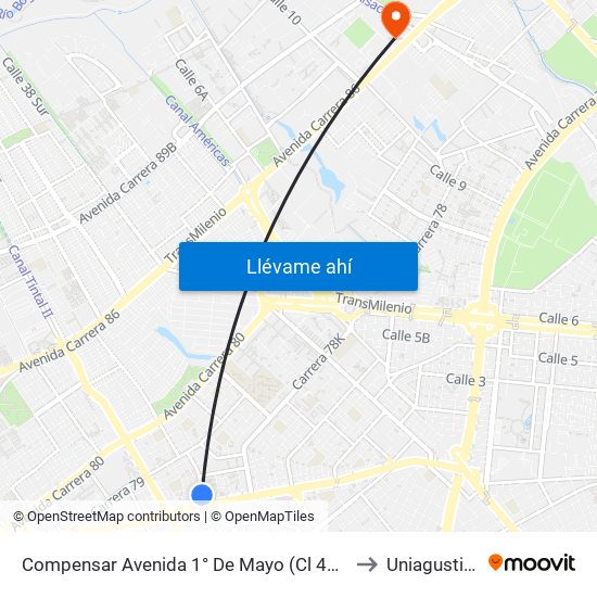 Compensar Avenida 1° De Mayo (Cl 42 Sur - Tv 78h) to Uniagustiniana map