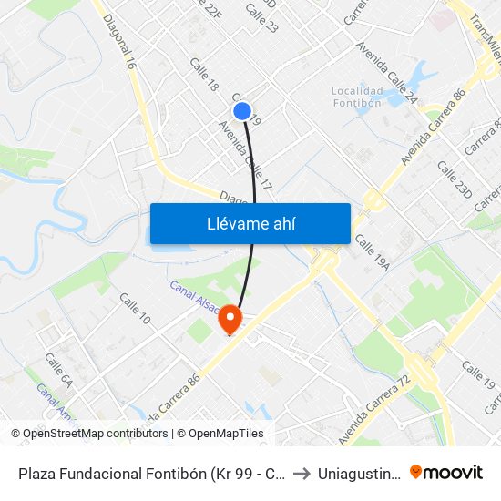 Plaza Fundacional Fontibón (Kr 99 - Cl 18a) (A) to Uniagustiniana map