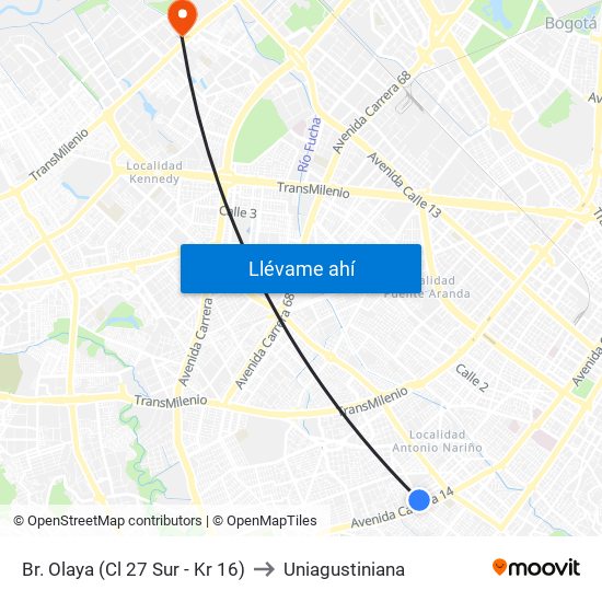 Br. Olaya (Cl 27 Sur - Kr 16) to Uniagustiniana map