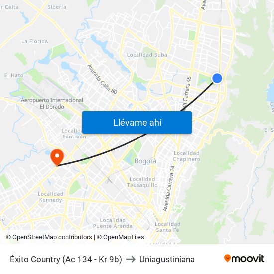 Éxito Country (Ac 134 - Kr 9b) to Uniagustiniana map