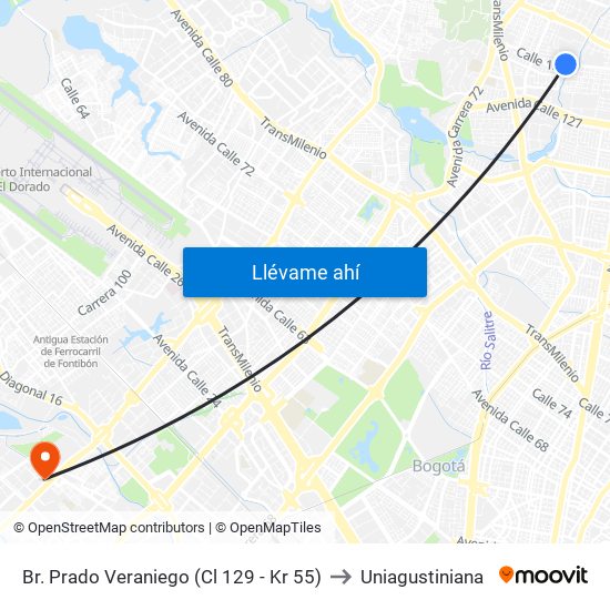 Br. Prado Veraniego (Cl 129 - Kr 55) to Uniagustiniana map